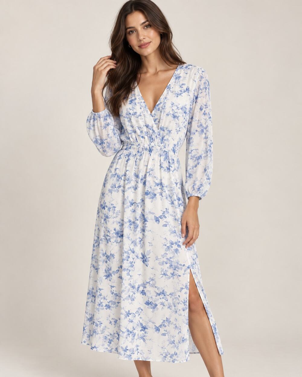 Bella Dahl Blue Floral Midi Dress Side Slit Size Medium